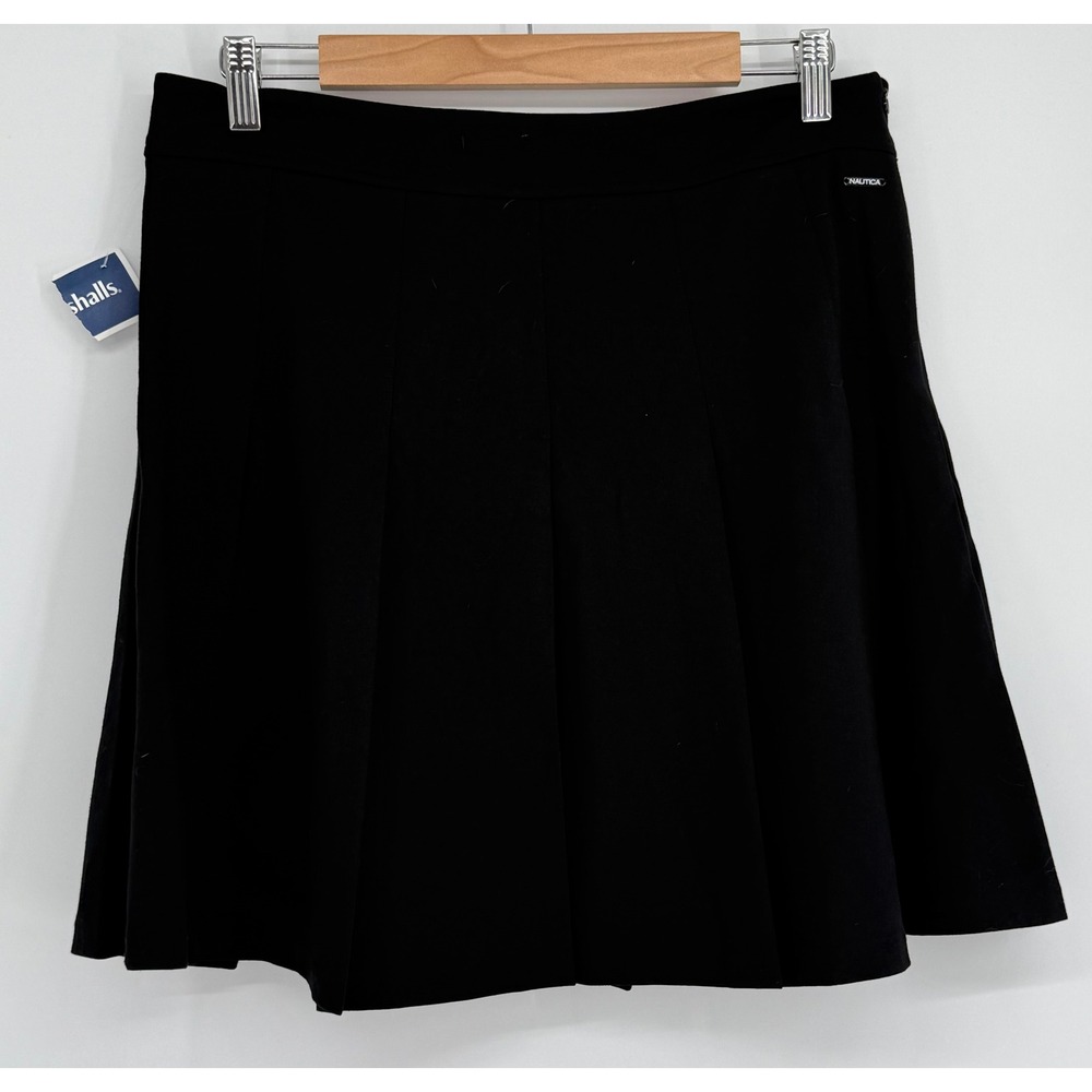 Nautica Womens Black Pleated Mini Skirt Side Zip A-Line Ponte Knit Sz L
